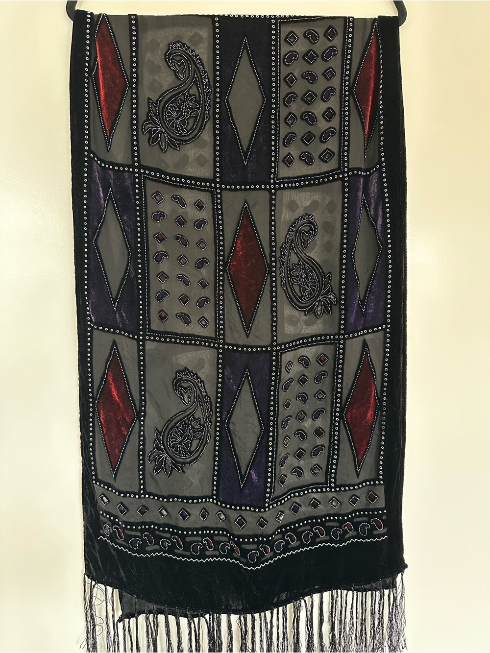 Vintage 90s Burnout Devoré Velvet & Sheer Paisley Printed Scarf with Fringe